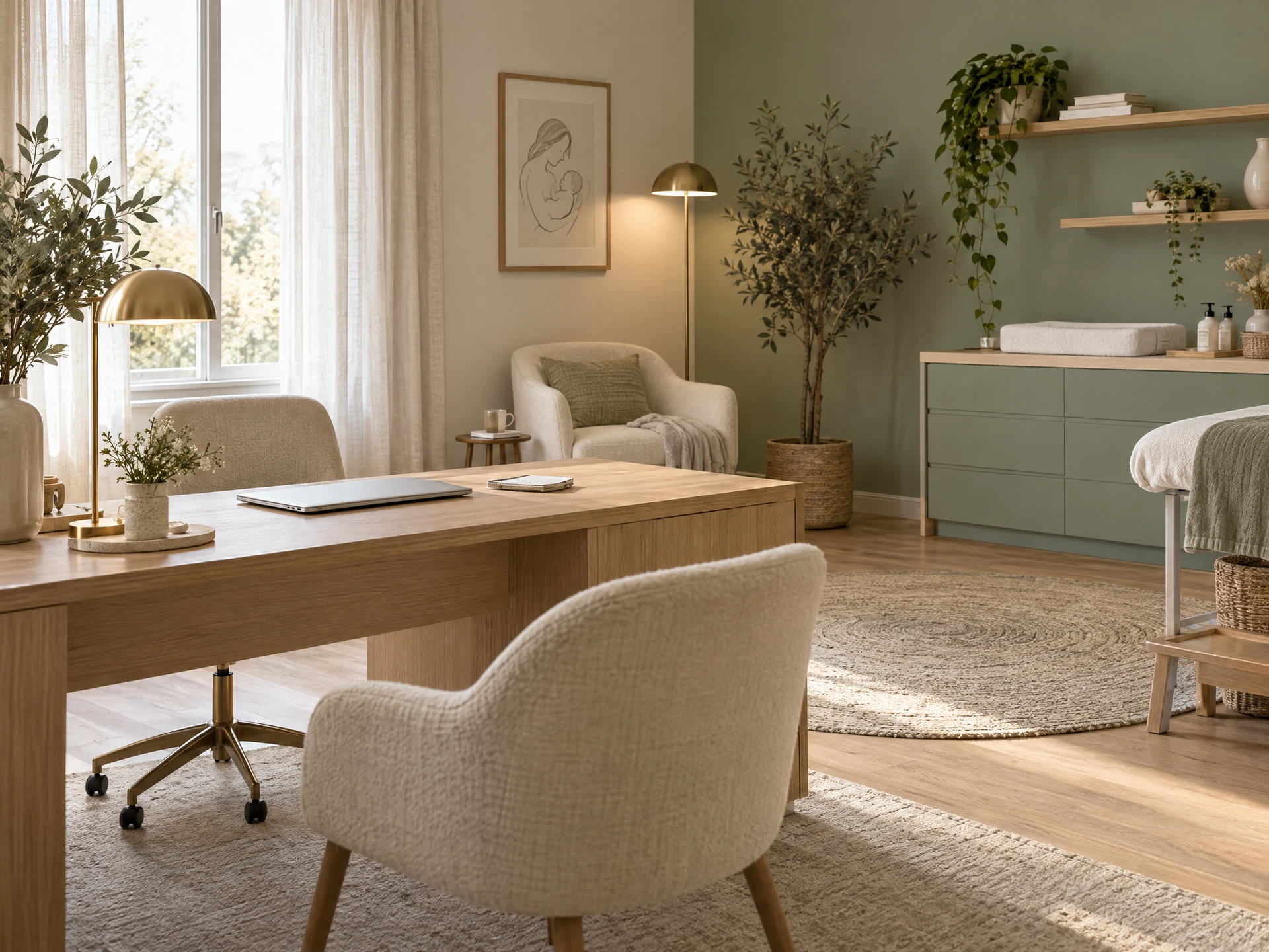 Cabinet de sage-femme calme décoré de vert sauge, de bois clair et de doré